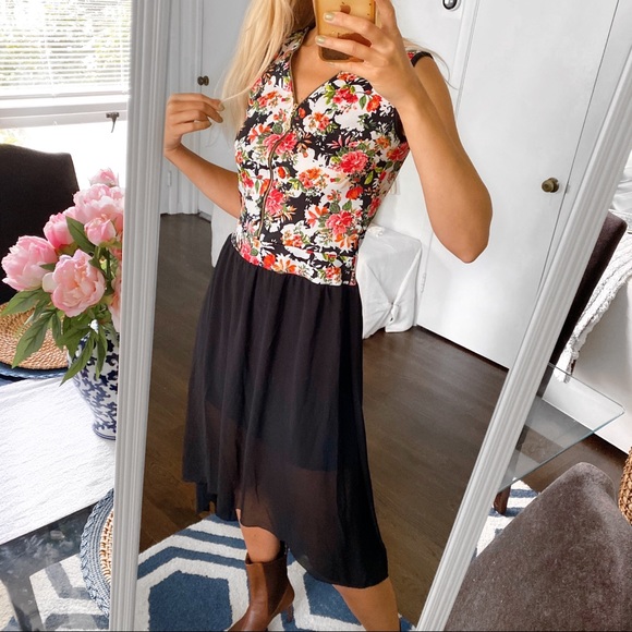 🌹 BOHO BLACK MULTI ASYMMETRICAL FLORAL MIDI DRESS! - Picture 2 of 9